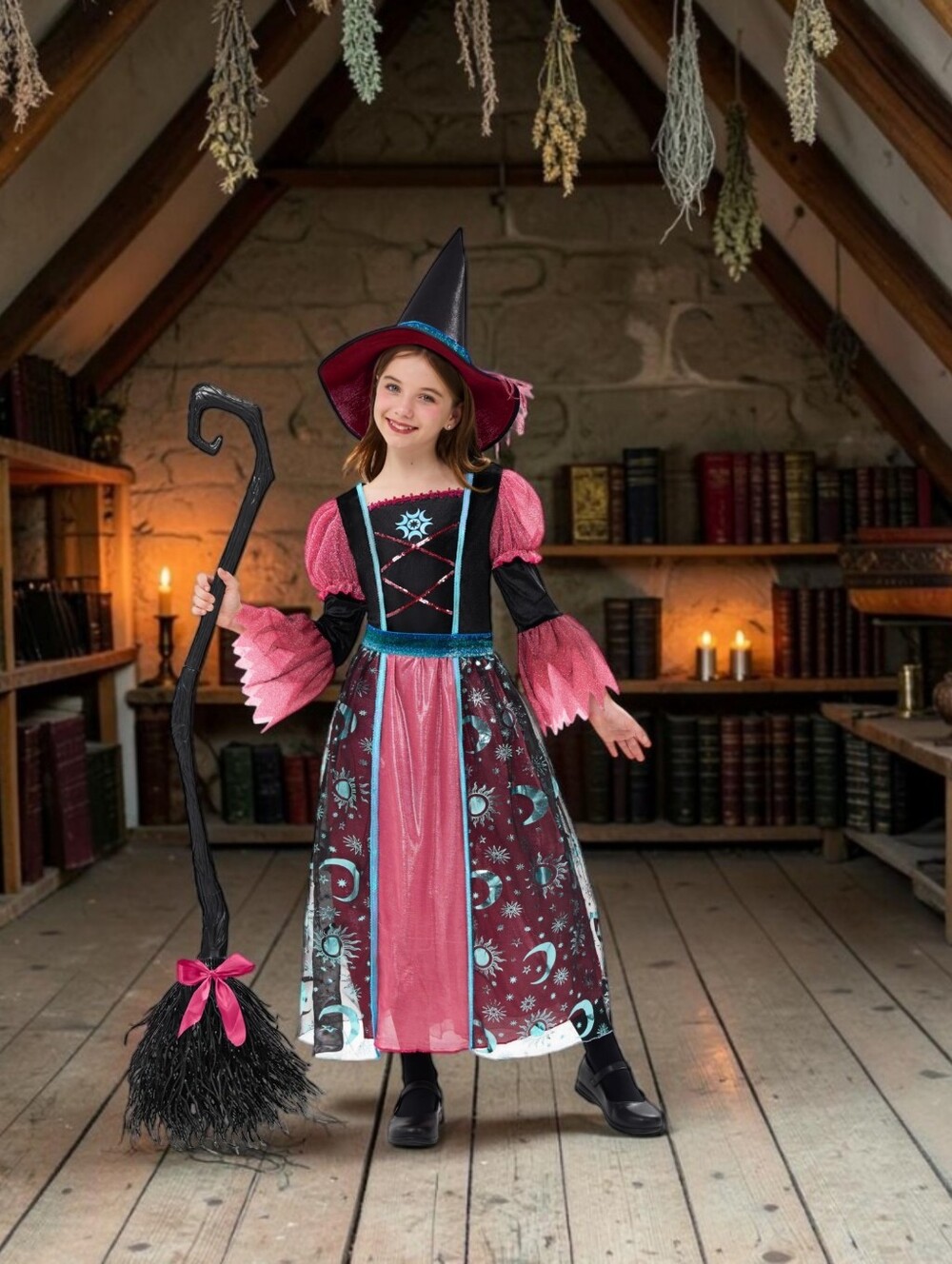 Girls Spooktactular Pink and Black Witch Costume Set, L